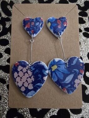 Hand Crafted Blue Floral Heart Dangle Earrings